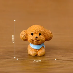 Curly brown Poodle dog miniature with blue bandana and 2.6cm height measurement