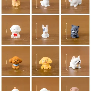 Size chart for dog miniature figurines ranging from 2.4cm to 3.3cm in length