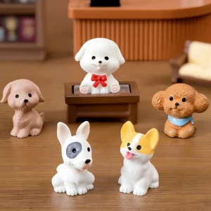 Group of five assorted resin dog miniatures in a dollhouse living room scene