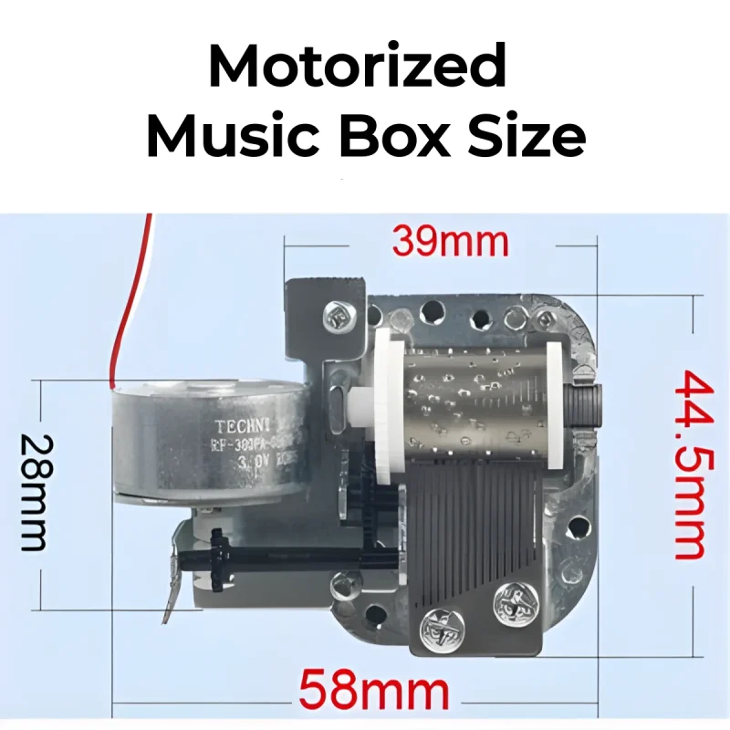 Size chart for electric music box mechanism showing 58mm length and 44.5mm width