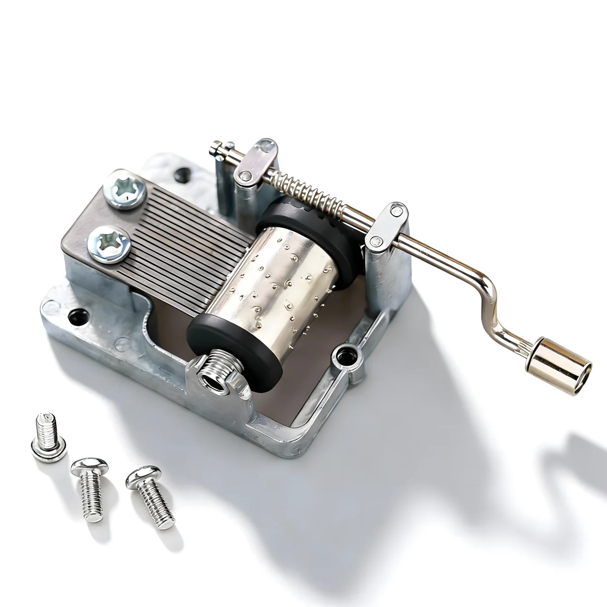 18 note hand crank music box with three silver screws for DIY craft projects and repairs.