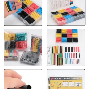 Detailed view of heat shrink tubing assortment with size reference chart and multi-color tubes.