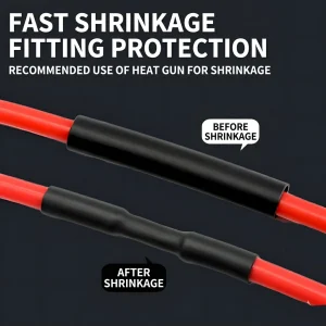 Before and after comparison of electrical heat shrink tubing applied to a red wire.