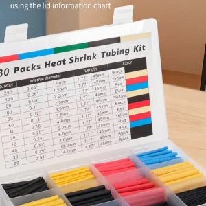Organized heat shrink tubing kit in a plastic case with a detailed size information chart.