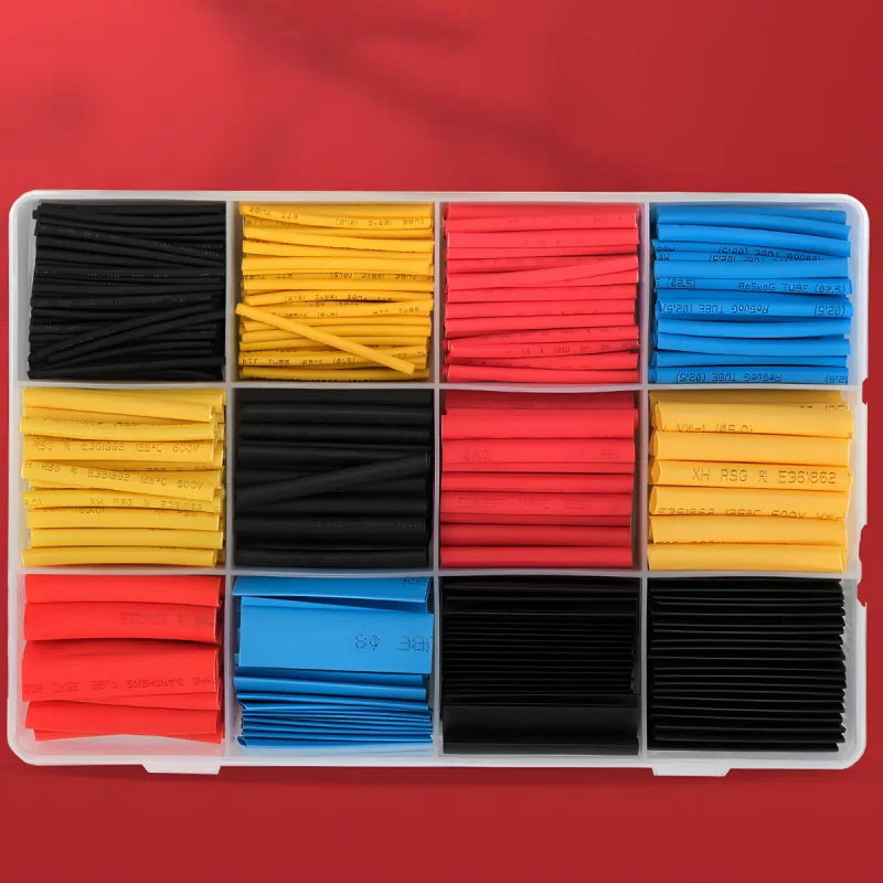 Close-up of color-coded heat shrink tubing set with various diameters for cable repair.