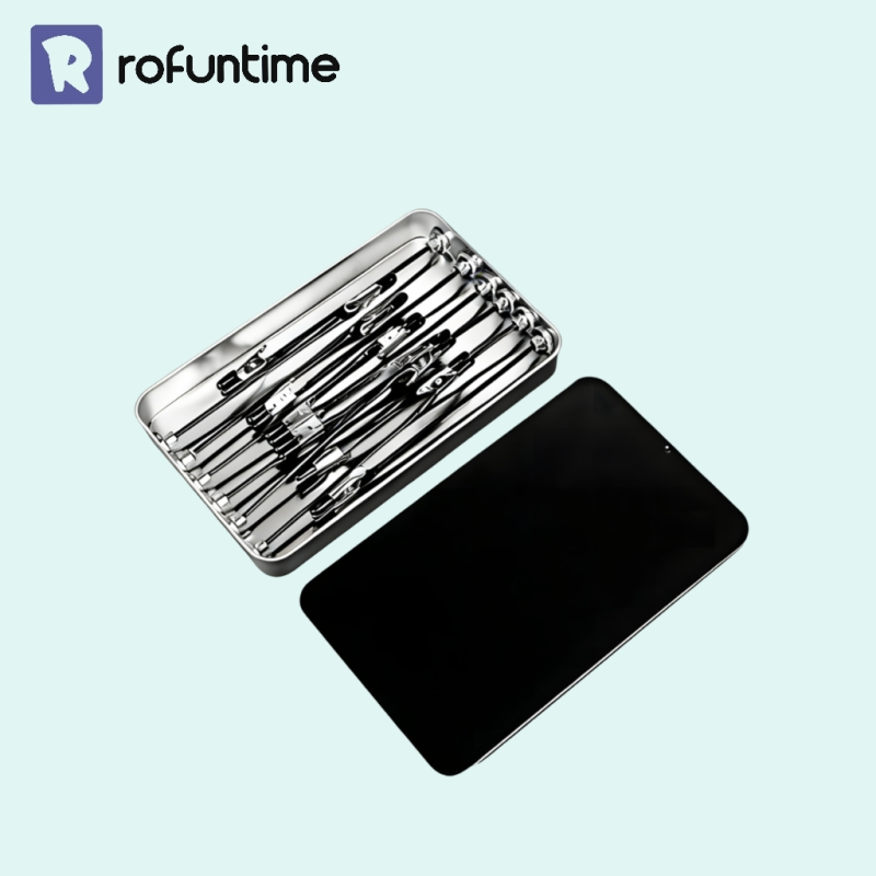 Alligator clip painting stand set organized in a compact magnetic model holder case with Rofuntime logo.