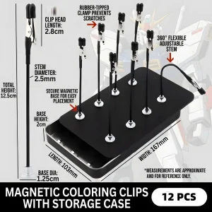 12-piece miniature painting holder set with 360-degree flexible stems and rubber-tipped magnetic clips.