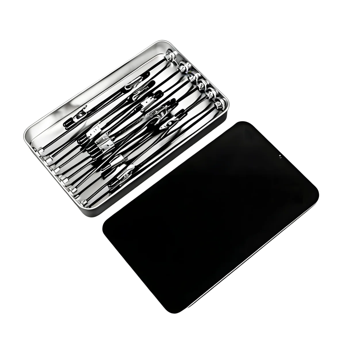 Alligator clip painting stand set neatly organized inside a compact black and silver storage box.