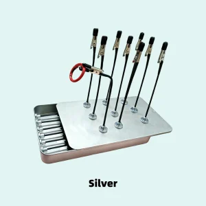 Model painting tool set in silver featuring magnetic clips and a slim metal storage tray.