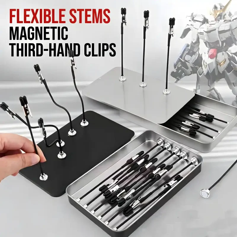 Magnetic third-hand clips available in black and silver finishes for professional model painting stands.
