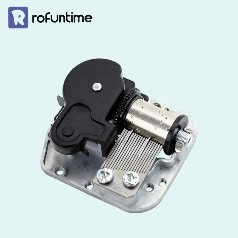 Top-down view of 18 note music box mechanism with Rofuntime logo for craft projects.