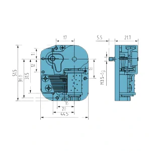 Technical dimension diagram for mini music box mechanism showing 51.5mm by 44.5mm footprint.