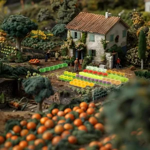 Colorful fake flowers for miniature models decorating a rustic cottage garden in a detailed diorama.
