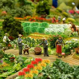 Multi-colored miniature flowers for diorama creating a diverse vegetable patch and flower garden scene.