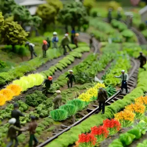 Assorted miniature flowers for diorama decorating a farm scene with figurines and model buildings.