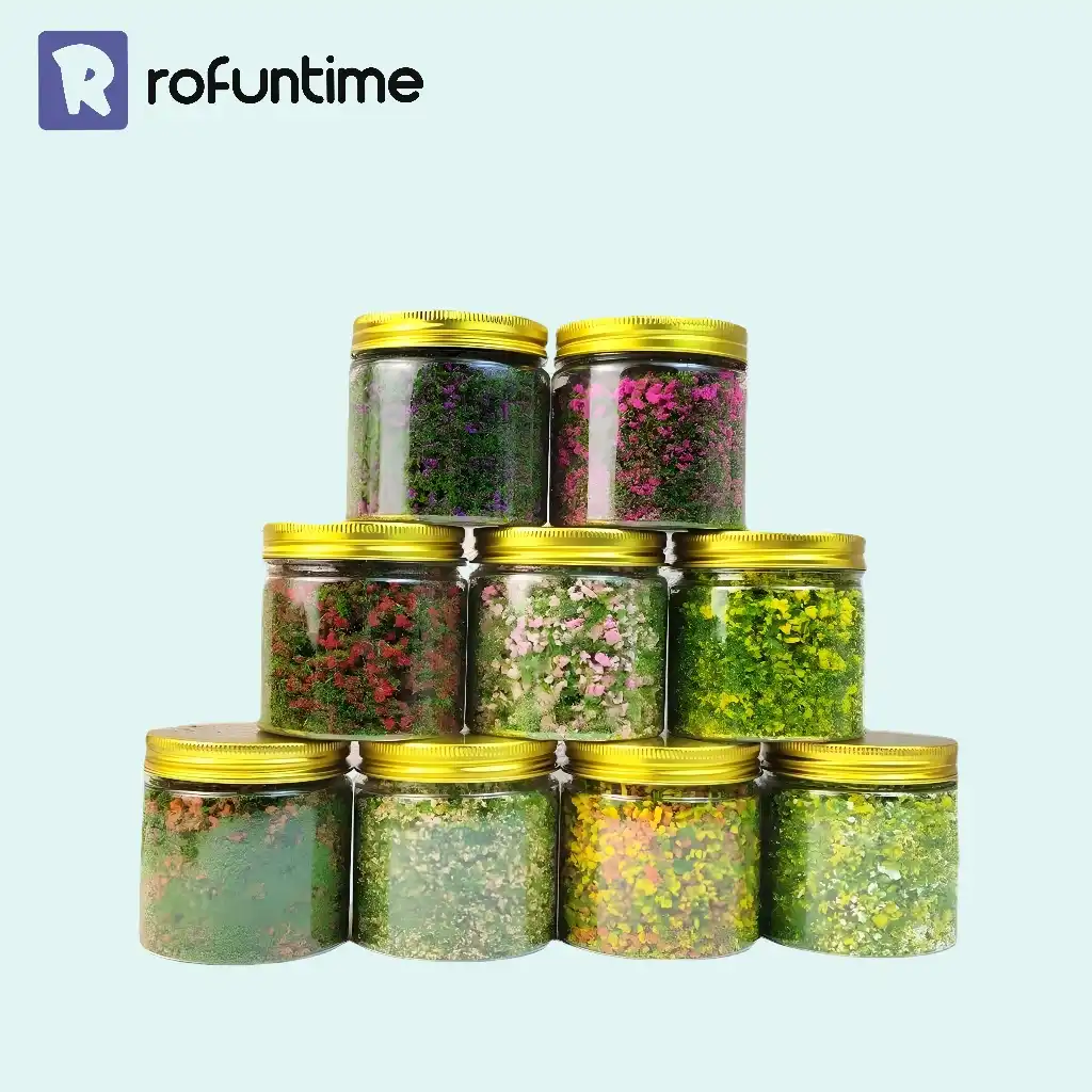 Pyramid of colorful miniature flower powder jars and model landscaping materials for DIY crafts