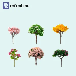 Selection of six Rofuntime miniature flower trees including cherry blossom and flame tree for dollhouse scenes.