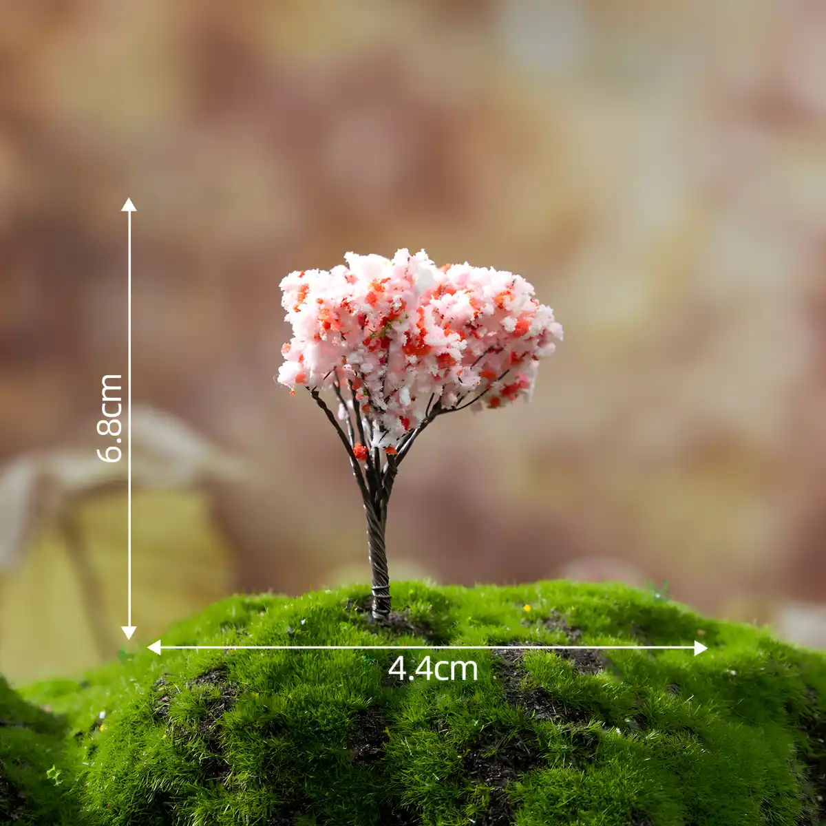 Pink and white cherry blossom miniature tree measuring 4.4cm by 6.8cm for realistic dollhouse landscaping.