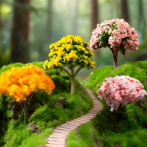 Golden yellow and pink miniature seasonal trees accentuating a realistic DIY miniature garden path.