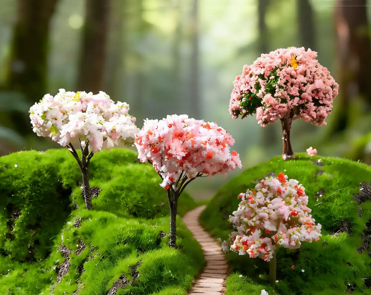 Various shades of pink cherry blossom miniature tree styles placed on a mossy hill for dioramas.