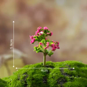 Small 5.9cm magenta miniature flower trees with green leaves for intricate dollhouse scenery and gardens.