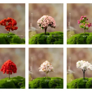 Size comparison guide for 10 distinct miniature flower trees with detailed height and width specs.