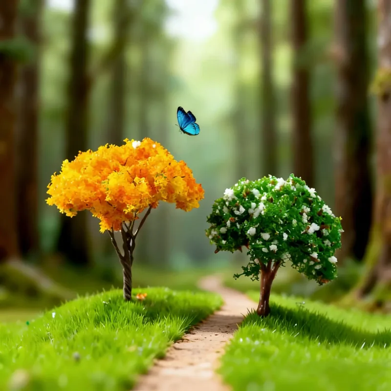 Pair of pink and yellow miniature flowering trees accentuating a realistic DIY miniature forest path.