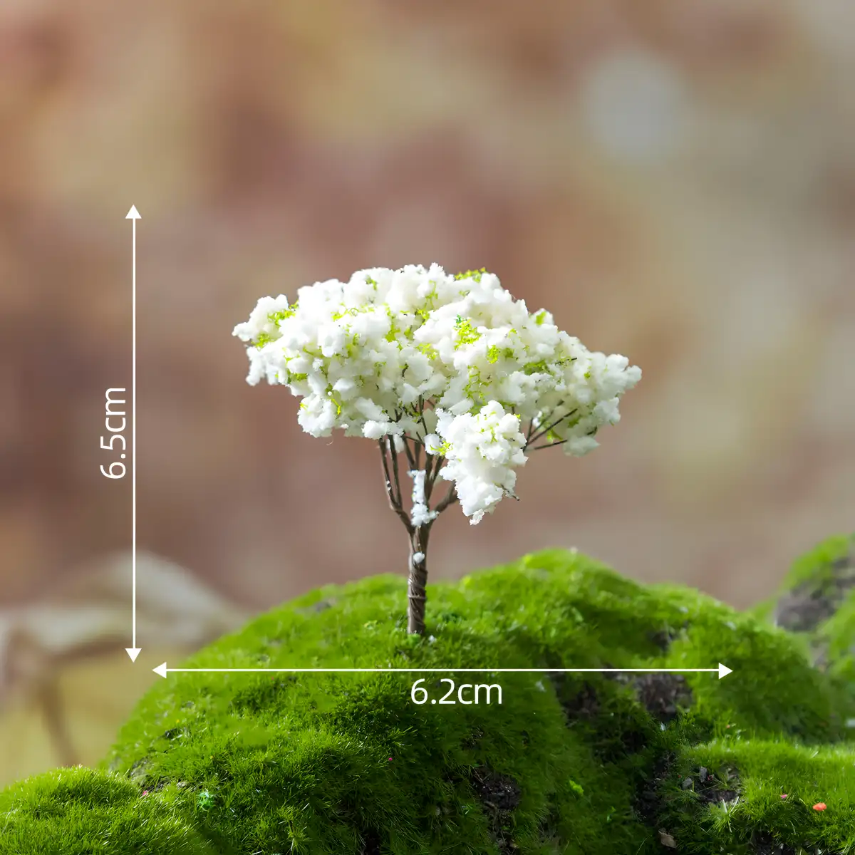 Elegant miniature pear tree with white flowers, 6.5cm tall, part of dollhouse garden trees set.