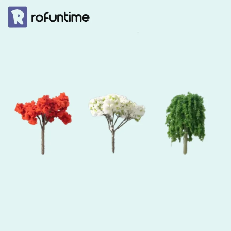 Three colorful miniature landscape trees in red white and green for diorama trees model scenery.