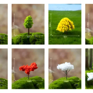 Size chart for eight various miniature landscape trees including golden albizia and fragrant diorama trees.