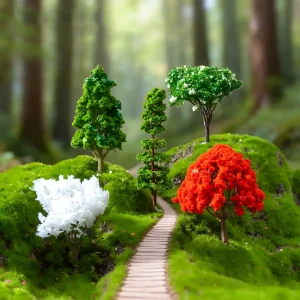Lush forest path diorama with varied miniature landscape trees and realistic model scenery trees arrangement.