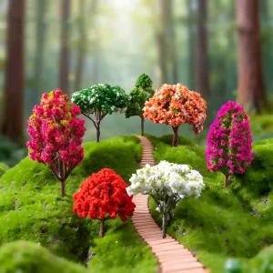 Diverse collection of colorful miniature landscape trees arranged along a path for diorama trees inspiration.