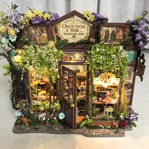 Pink miniature vines decorating a fairy tale dollhouse shop, realistic model foliage vines for exterior makeover.