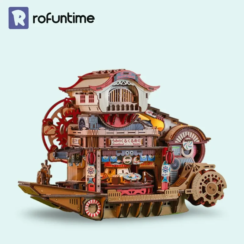 Nautical Sushi 3D Wooden Puzzle hero shot with miniature Japanese restaurant with light features.