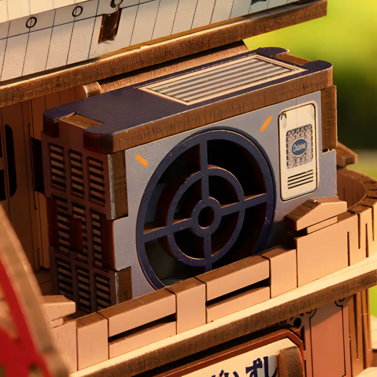 Close-up of Edo style wooden miniature kit showing a realistic DIY miniature air conditioner detail.