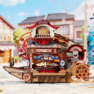 Back view of mechanical wooden puzzle for adults with exposed gear transmission and boat hull.