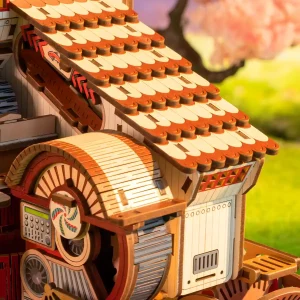 Nautical Sushi 3D Wooden Puzzle branding details with Japanese noren and Edo style wooden miniature kit.