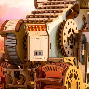 Mechanical wooden puzzle for adults with intricate gear transmission and Japanese sushi boat model kit details.
