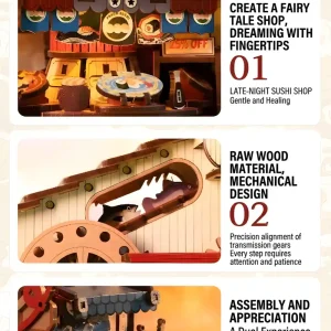 Edo style wooden miniature kit featuring a miniature Japanese restaurant with light and mechanical design features.
