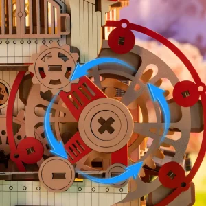 DIY rotating sushi bar model showcasing mechanical wooden puzzle for adults gear alignment and rotation.