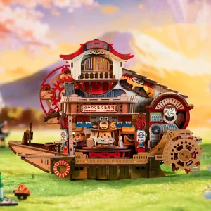 Nautical Sushi 3D Wooden Puzzle front view of a miniature Japanese restaurant with light and boat hull.
