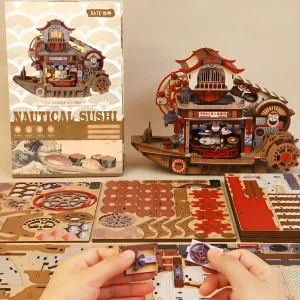 Unboxed Nautical Sushi 3D Wooden Puzzle kit with laser-cut sheets and Edo style wooden miniature kit.