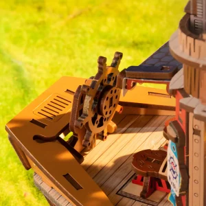 Nautical Sushi 3D Wooden Puzzle boat bow view with ship wheel and Japanese sushi boat model kit.