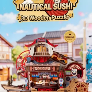 Full view of Nautical Sushi 3D Wooden Puzzle miniature Japanese restaurant with light and mechanical gears.