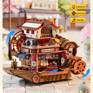 Nautical Sushi 3D Wooden Puzzle showing lights rotation and music features of this DIY rotating sushi bar model.