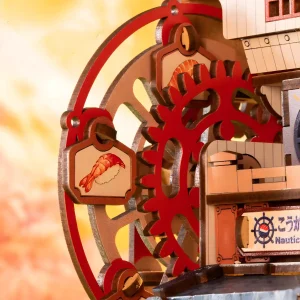 Close-up of mechanical wooden puzzle for adults gear system on an Edo style wooden miniature kit.