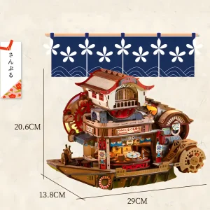 Dimensions of Nautical Sushi 3D Wooden Puzzle measuring 29cm by 13.8cm by 20.6cm DIY rotating sushi bar.