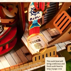 Mechanical wooden puzzle for adults highlighting the touch-sensitive power button for the integrated LED lights.