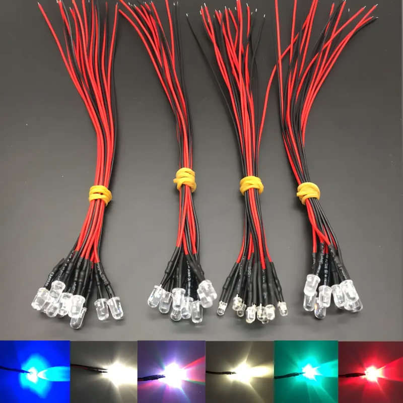 Bundled miniature LED lights in various colors, 3V pre wired LEDs for model building.