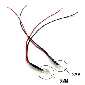 Size comparison between 3mm and 5mm pre wired LED lights for DIY miniatures.